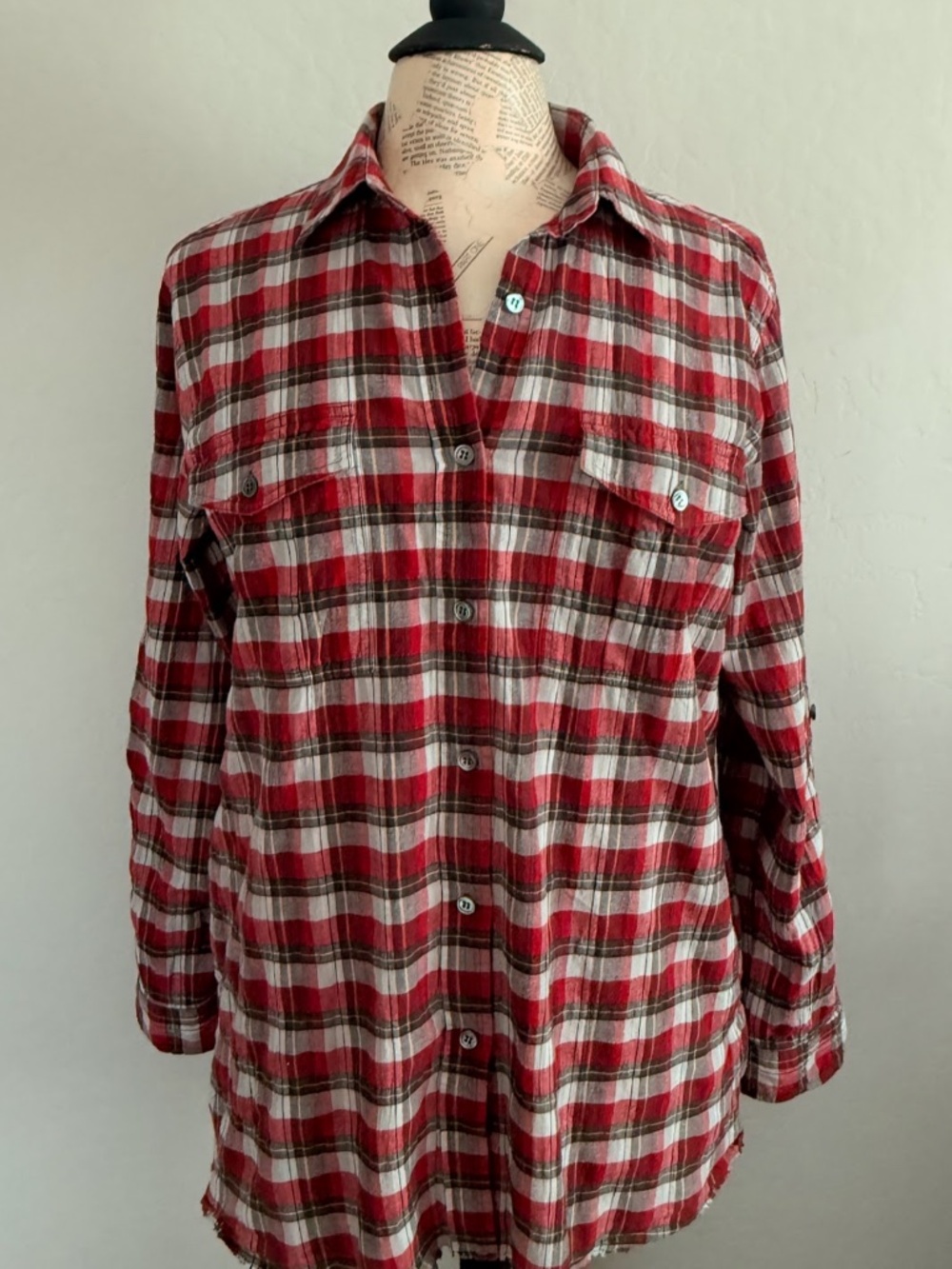 THEORY Red Black Plaid Pull Tap Sleeve Button Down Shirt Tunic L
